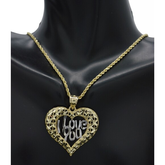 Real 10K Yellow Gold Diamond Cut Heart I Love You Pendant+Rope Chain 16"-24" - Picture 1 of 7